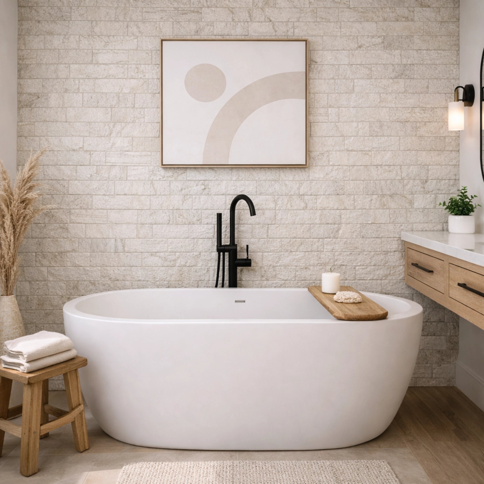 Modern bathroom with a freestanding bathtub, wooden stool, and abstract art on the wall. Off white flexstone peel and stick