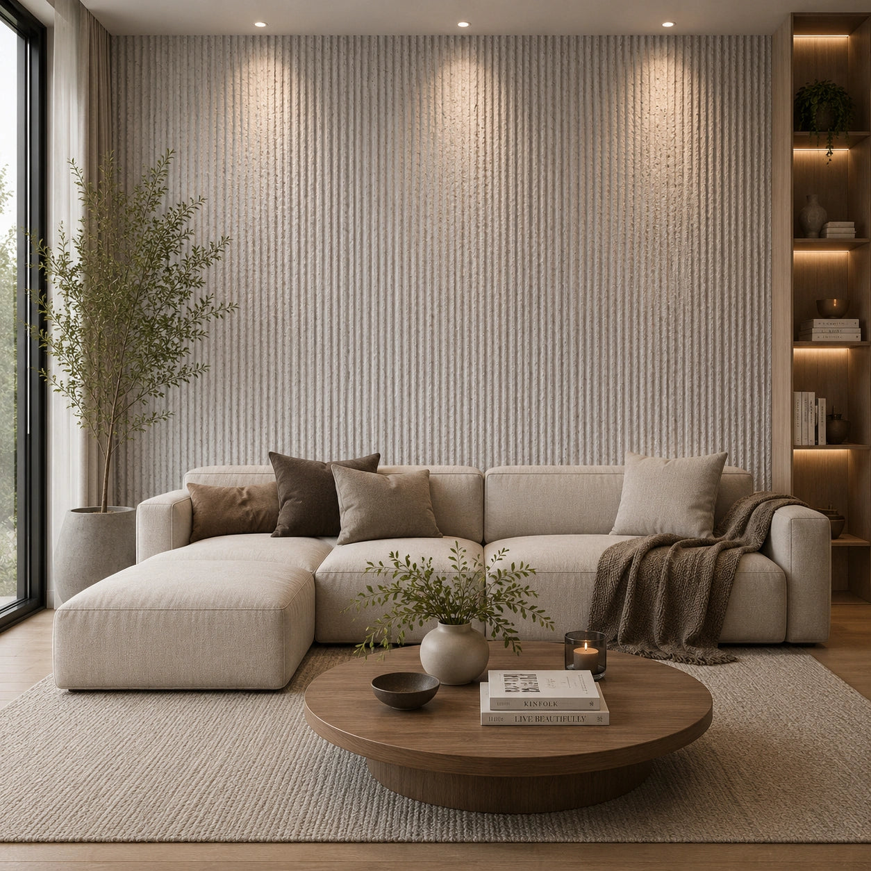 Modern living room with a beige sectional sofa, wooden coffee table, and a off white line stone Flexistone Veneer feature wall