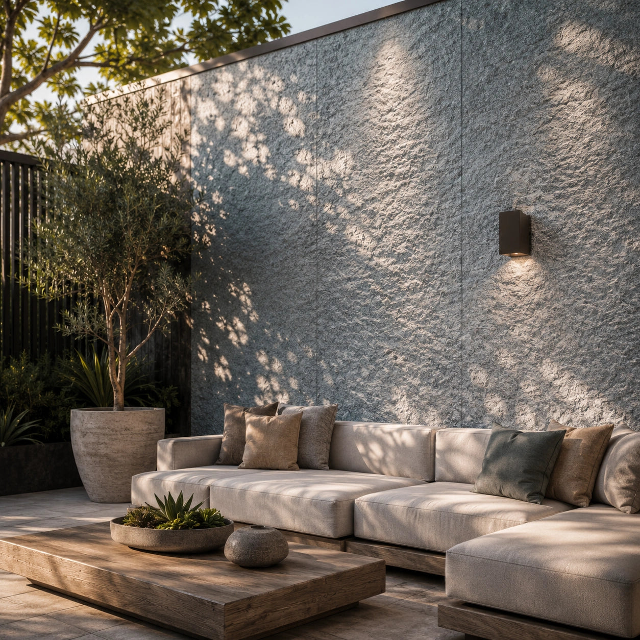 off white rough granite flexistone veneer wall in garden setting