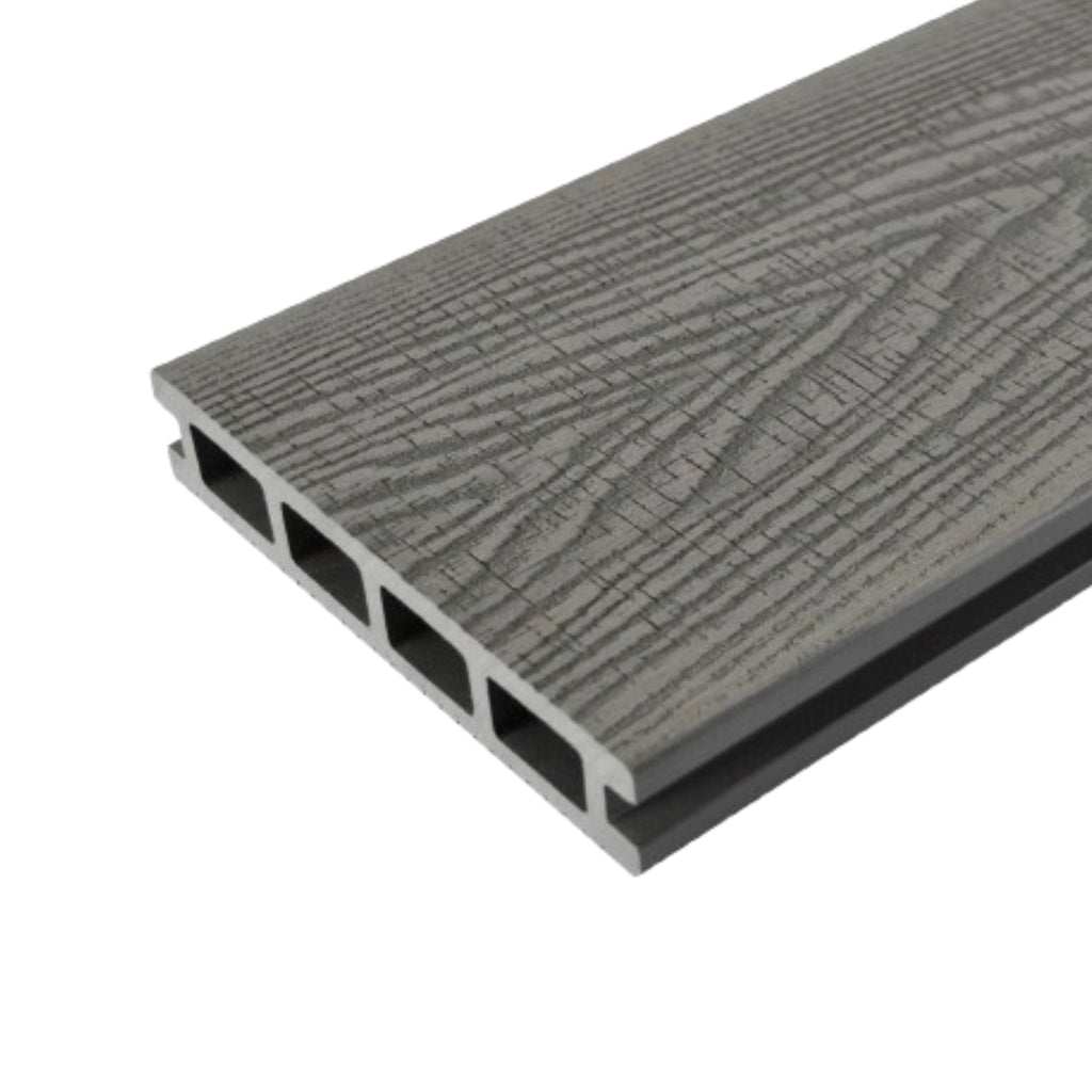 Gray composite decking board on a white background