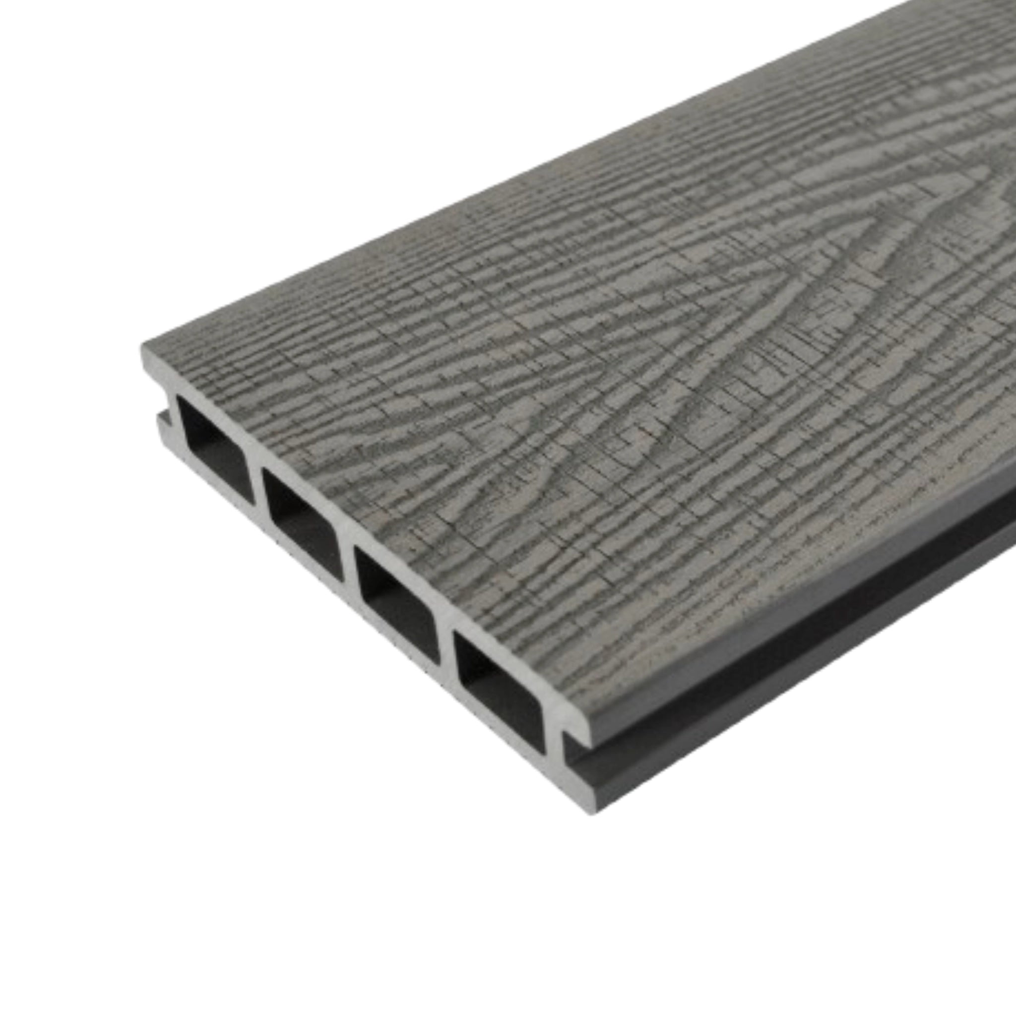 Gray composite decking board on a white background