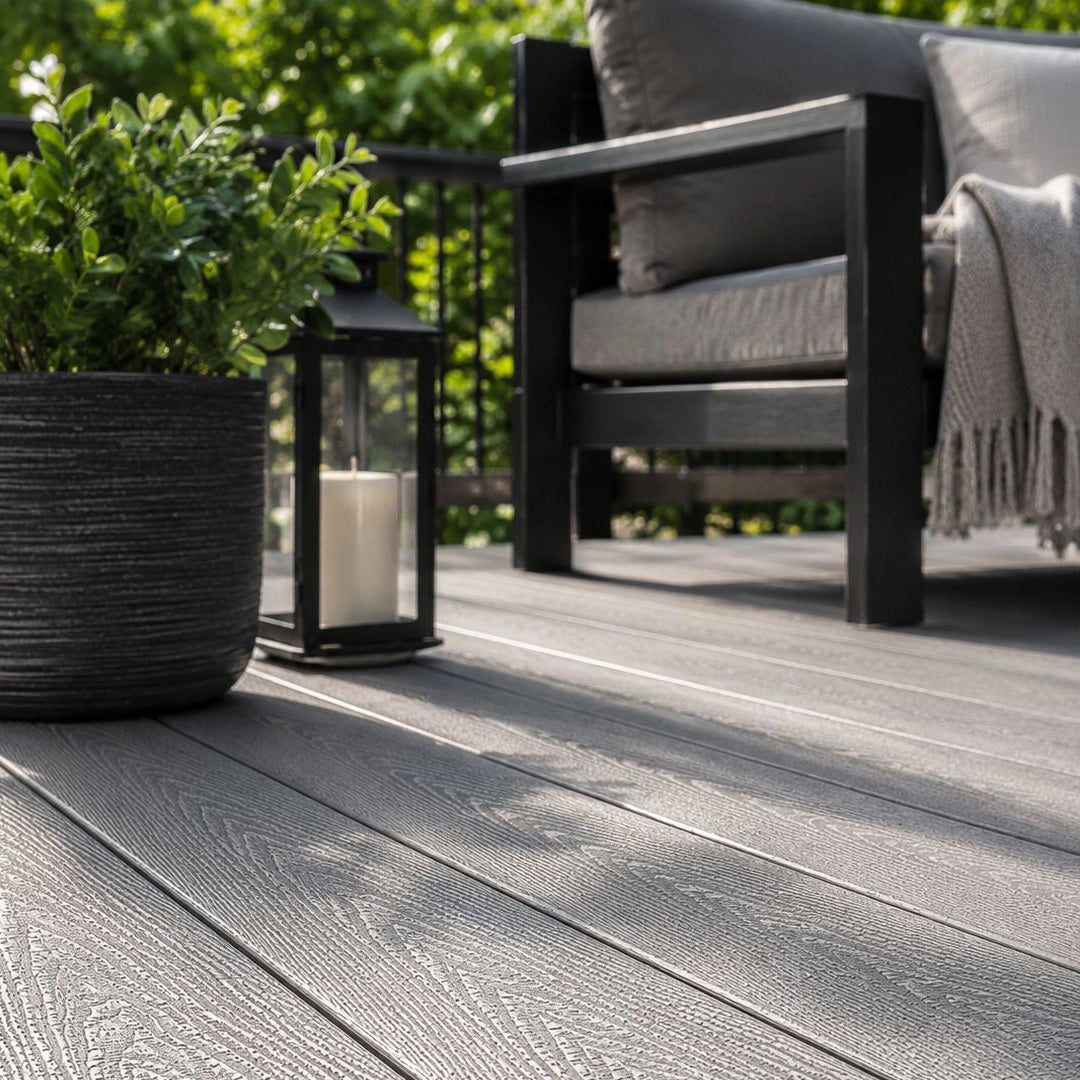 Salt Lake Silver Composite Decking Lifestyle Image in a Garden setting