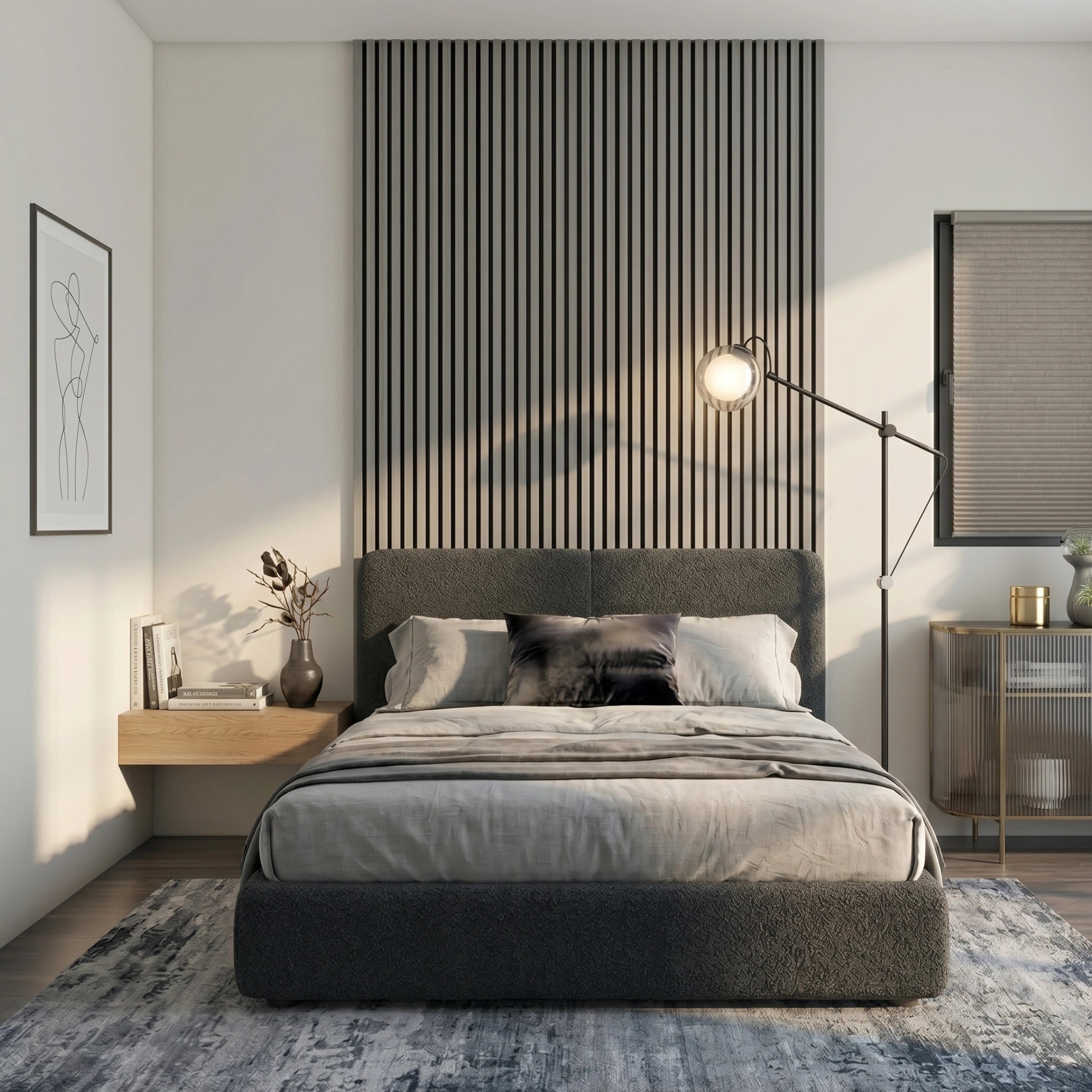 Modern bedroom with a bed, nightstands, and decorative elements. Silver oak acoustic wall panel on the wall