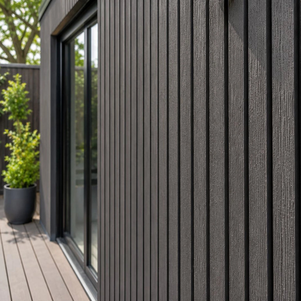 slate co extrusion cladding lifestyle image on a garden room building