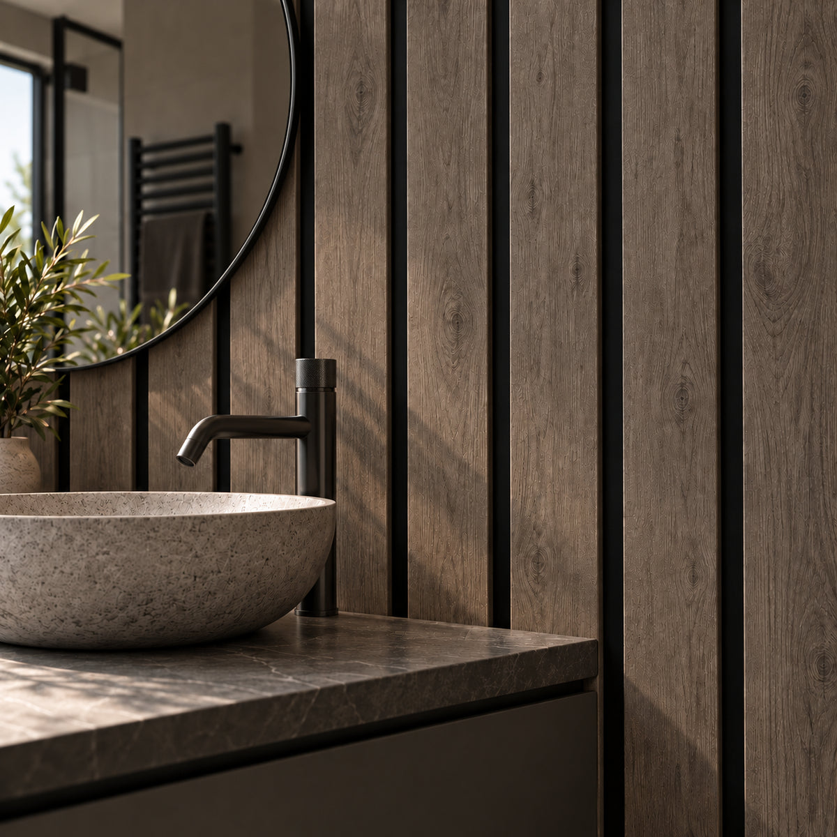 Walnut Waterproof Aqua Wall Panels In a Bathroom setting