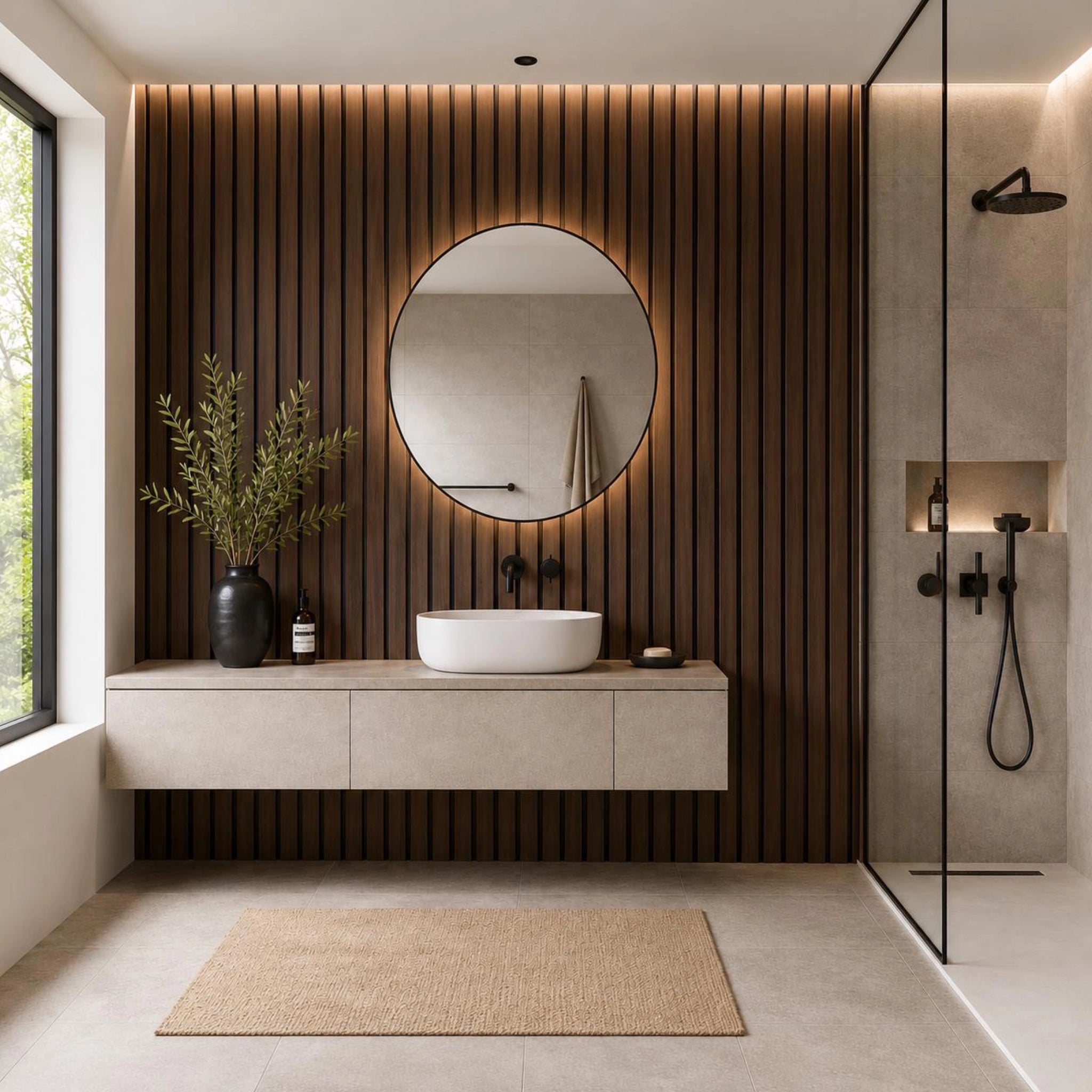 Walnut Aqua Slat Lifestyle Image in a bathroom setting 