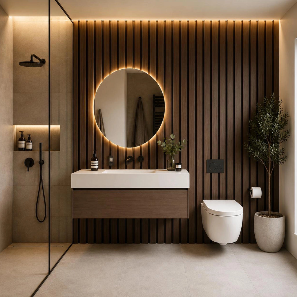 Walnut Aqua Slat Lifestyle Image in a bathroom setting