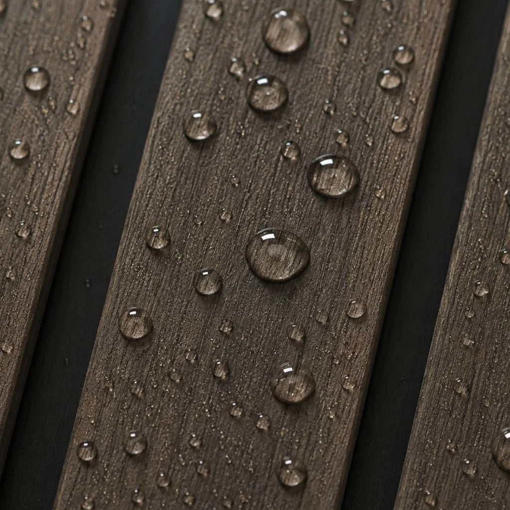 Close-up of dark brown textured wood-look slats with water droplets on a black background.