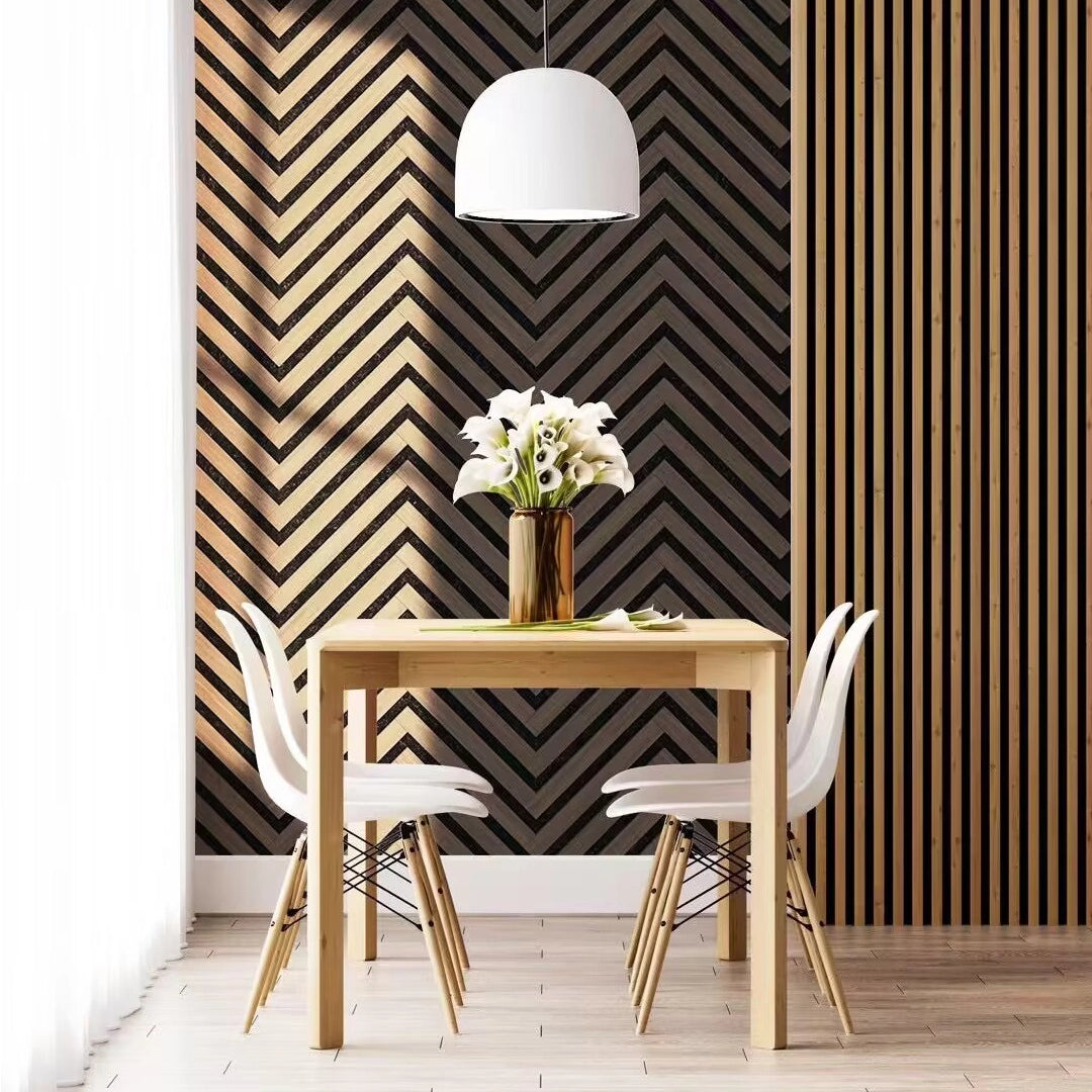 Walnut Herringbone Acoustic Wall Panel With chairs and table