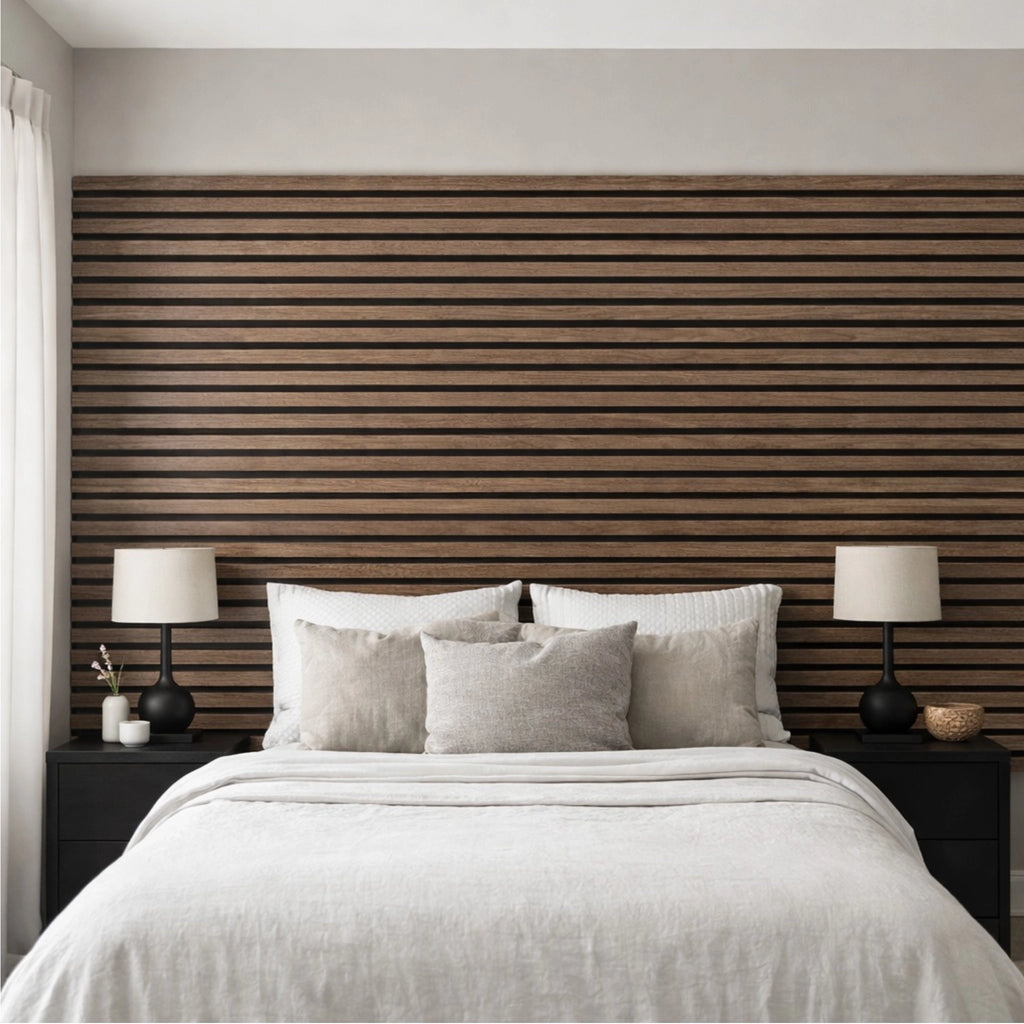 Modern bedroom with walnut wooden slat wall and white bedding
