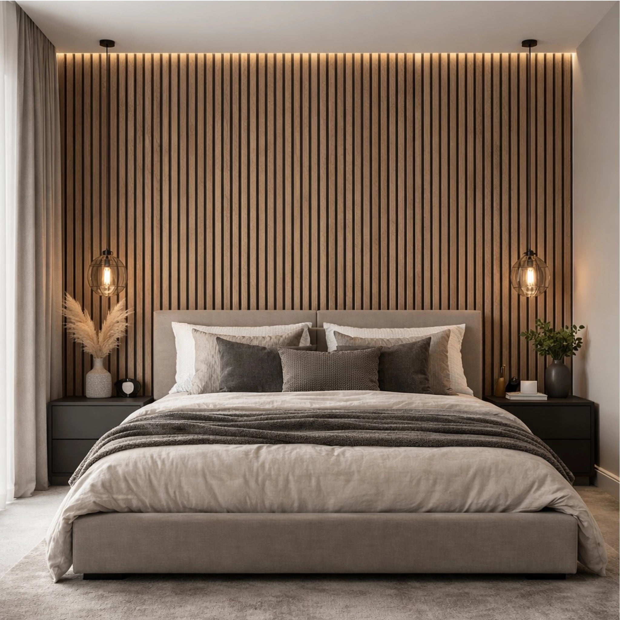 Modern bedroom with a bed, nightstands, and decorative wall panel