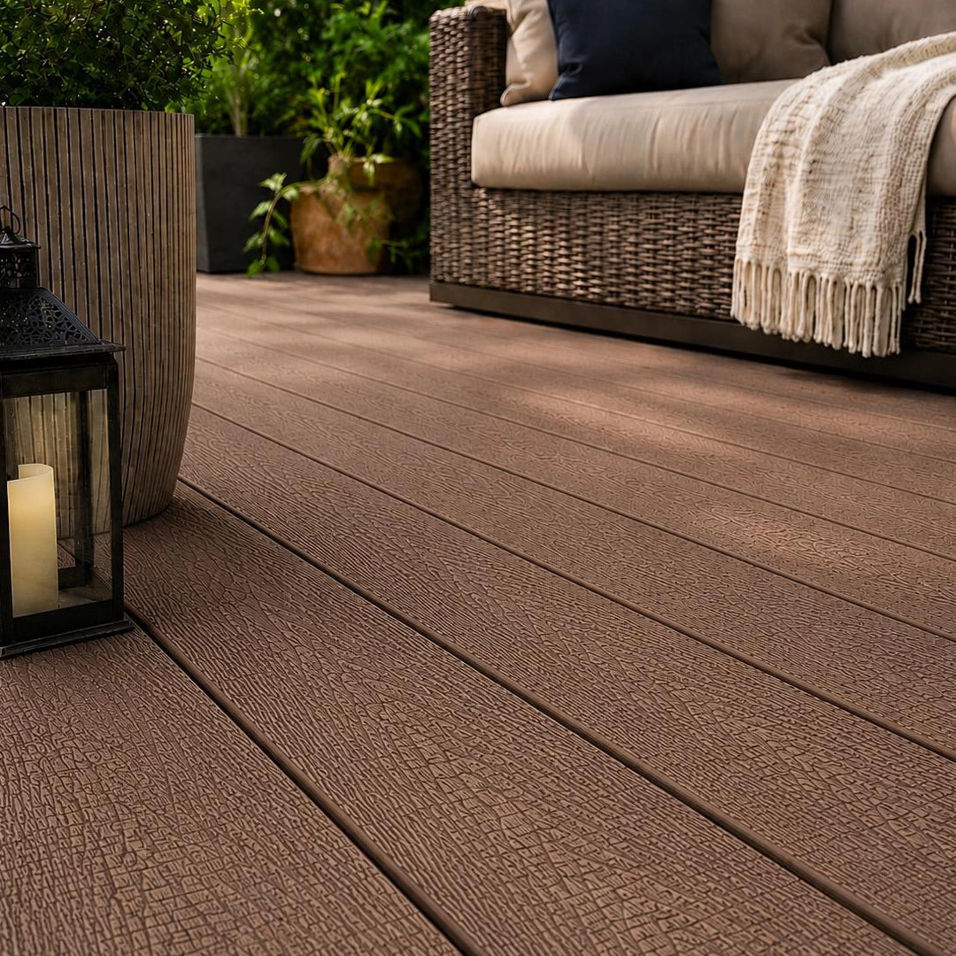 wild brown composite decking boards in a garden setting