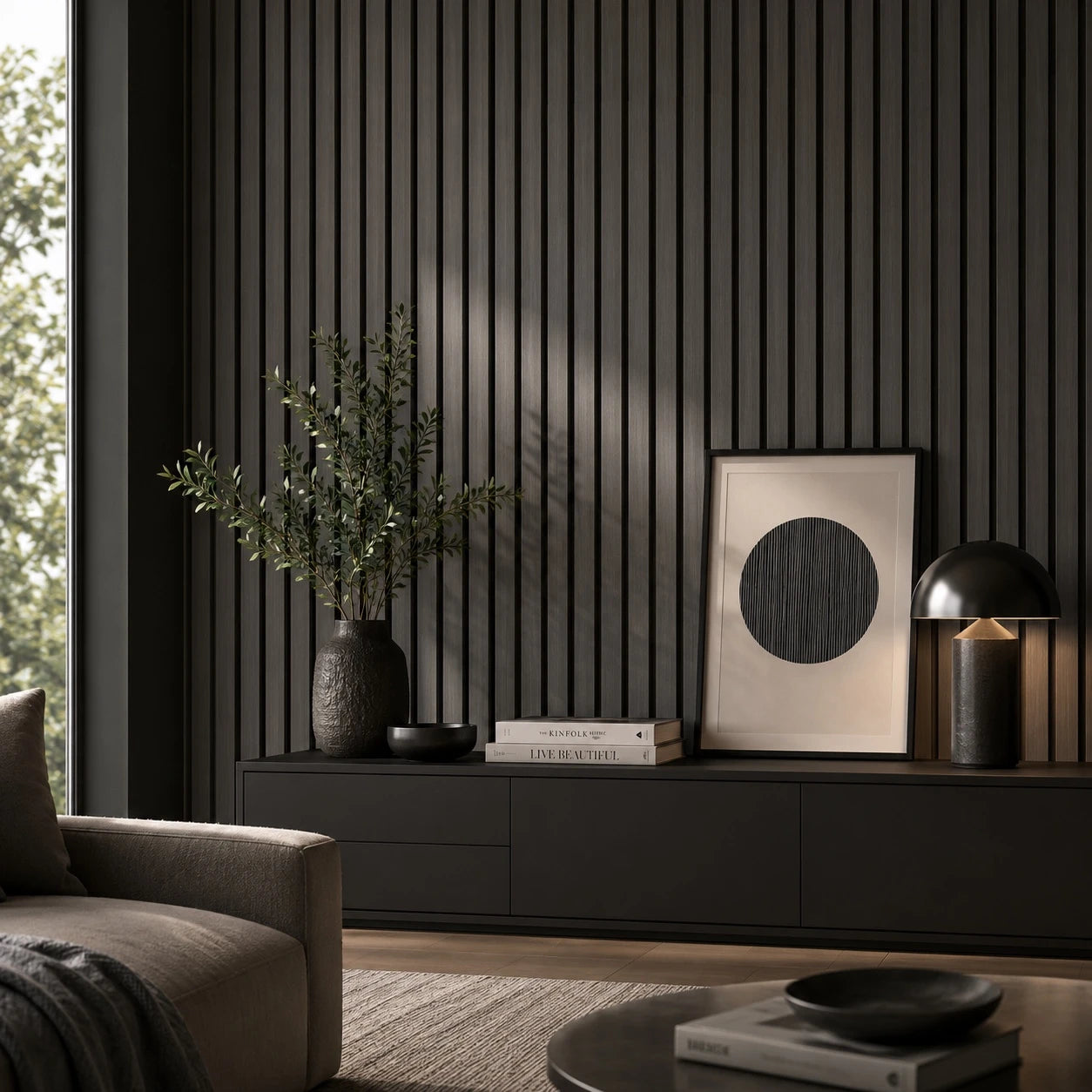 nw composite black oak acoustic wall panel in living room