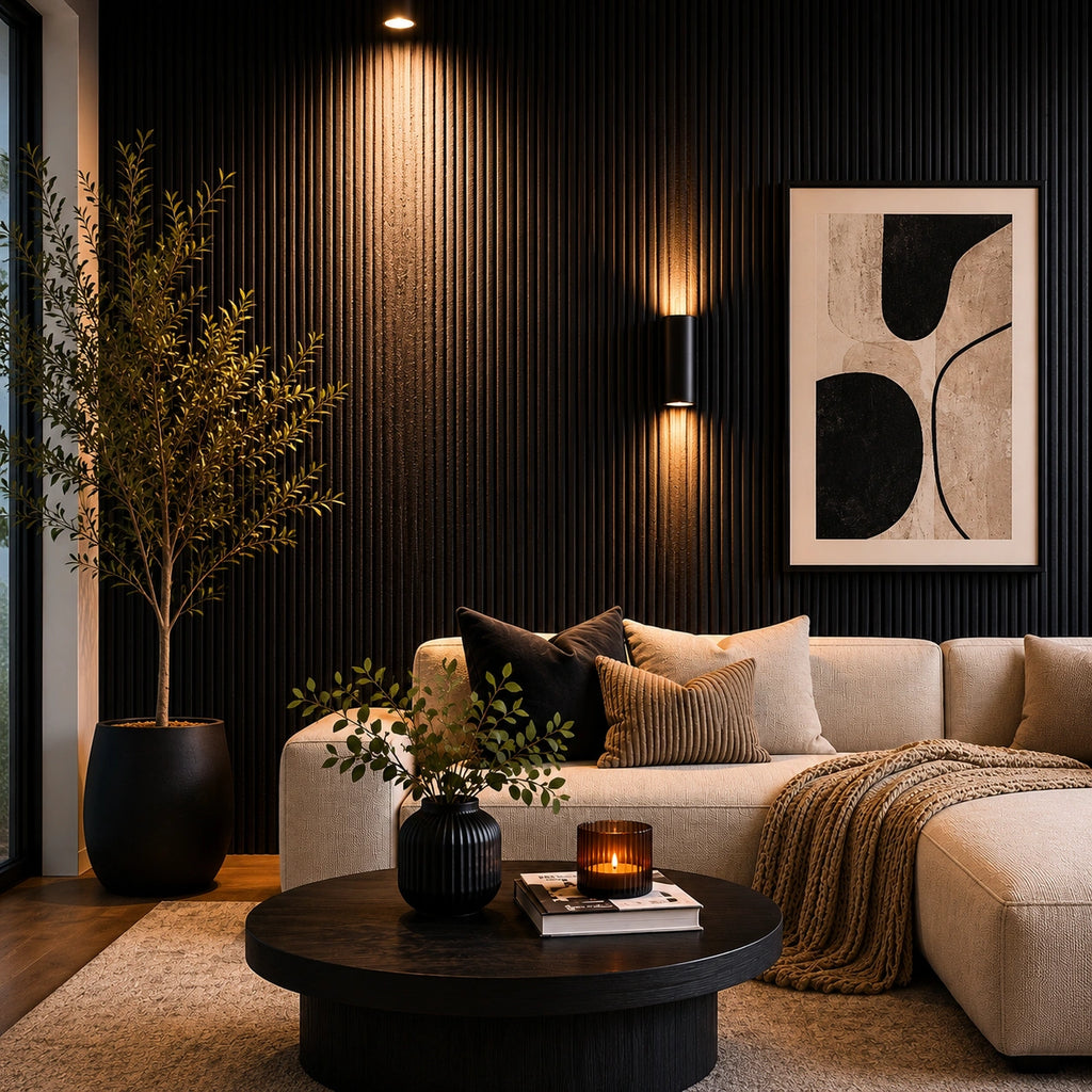 Modern living room with a beige sofa, round coffee table, and decorative elements. Charcoal line stone Flexistone Veneer feature wall.