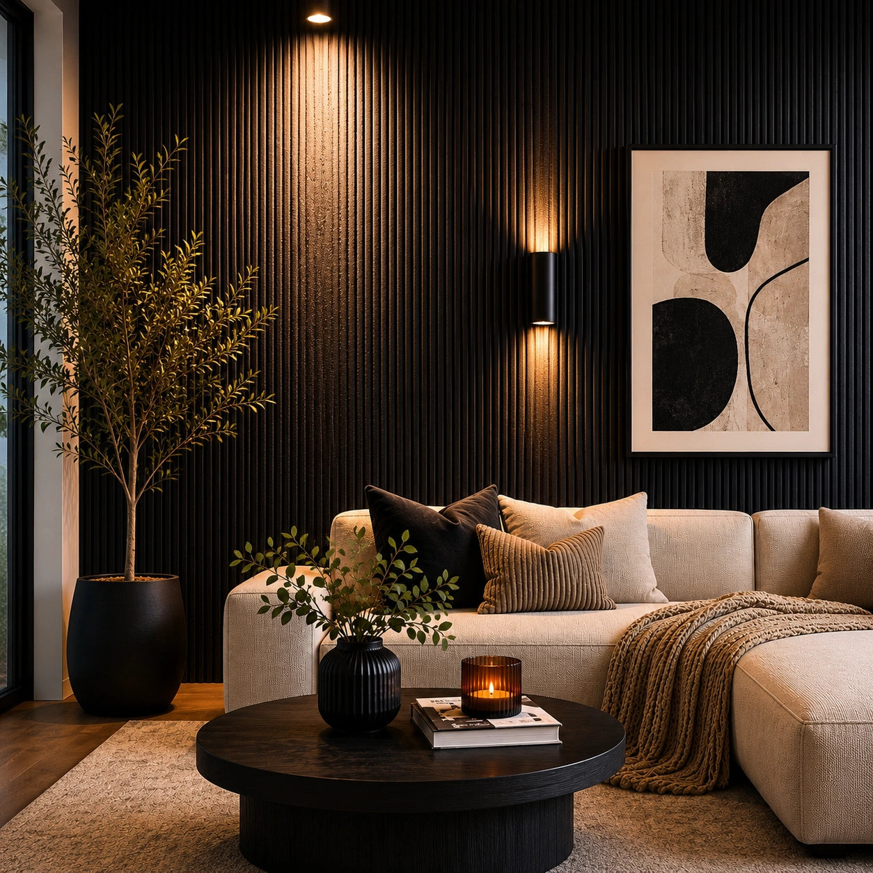Modern living room with a beige sofa, round coffee table, and decorative elements. Charcoal line stone Flexistone Veneer feature wall.