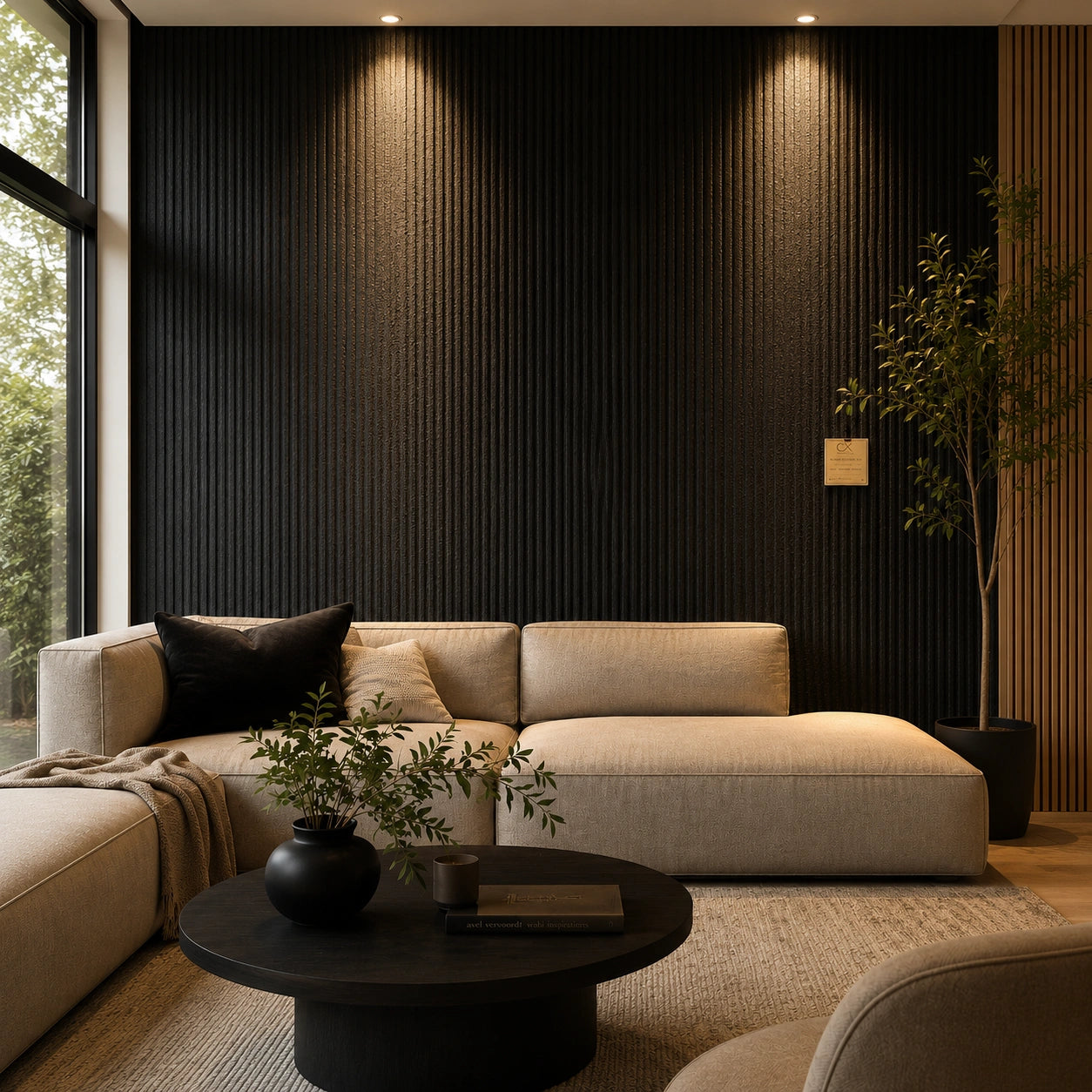 Modern living room with a beige sofa, black coffee table, and Charcoal line stone Flexistone Veneer backdrop.