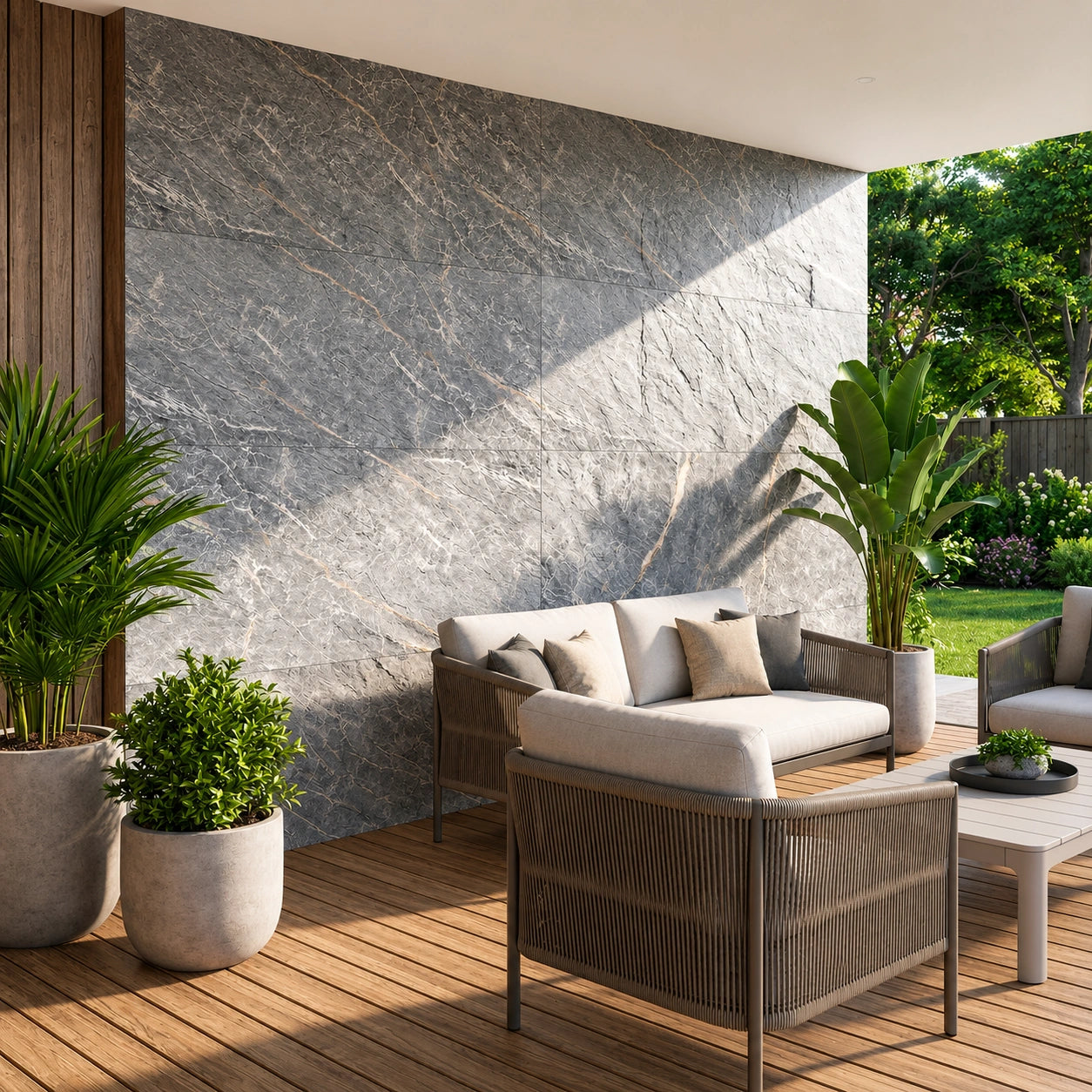 classic slate flexistone garden backdrop with furnishings