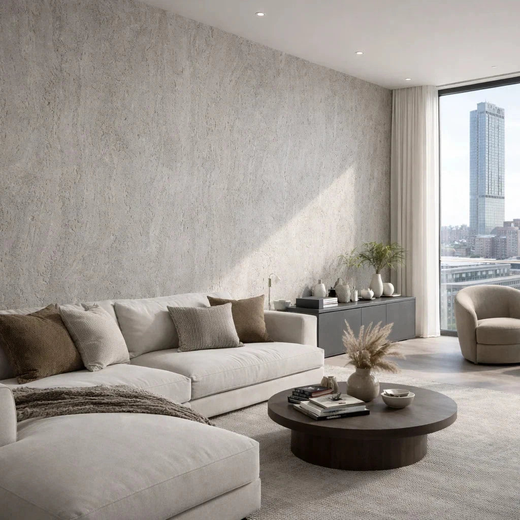 Modern living room with a large window, gray sofa, and round coffee table. with a classic travertine flexistone feature wall