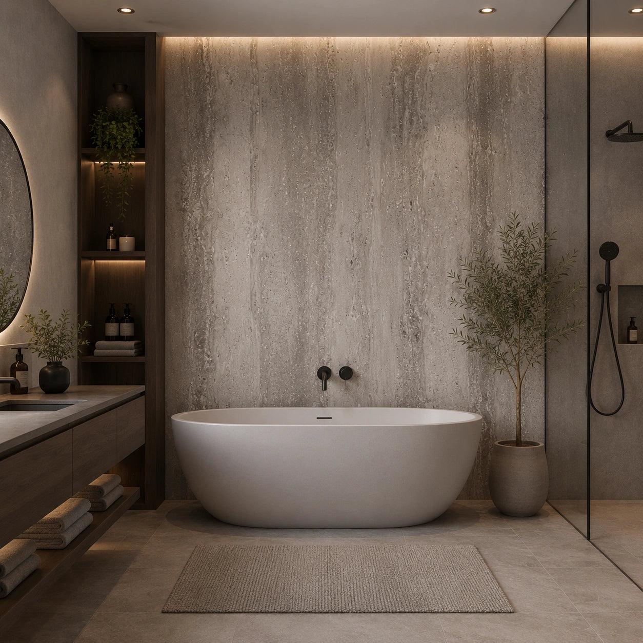 classic travertine flexistone wall in bathroom