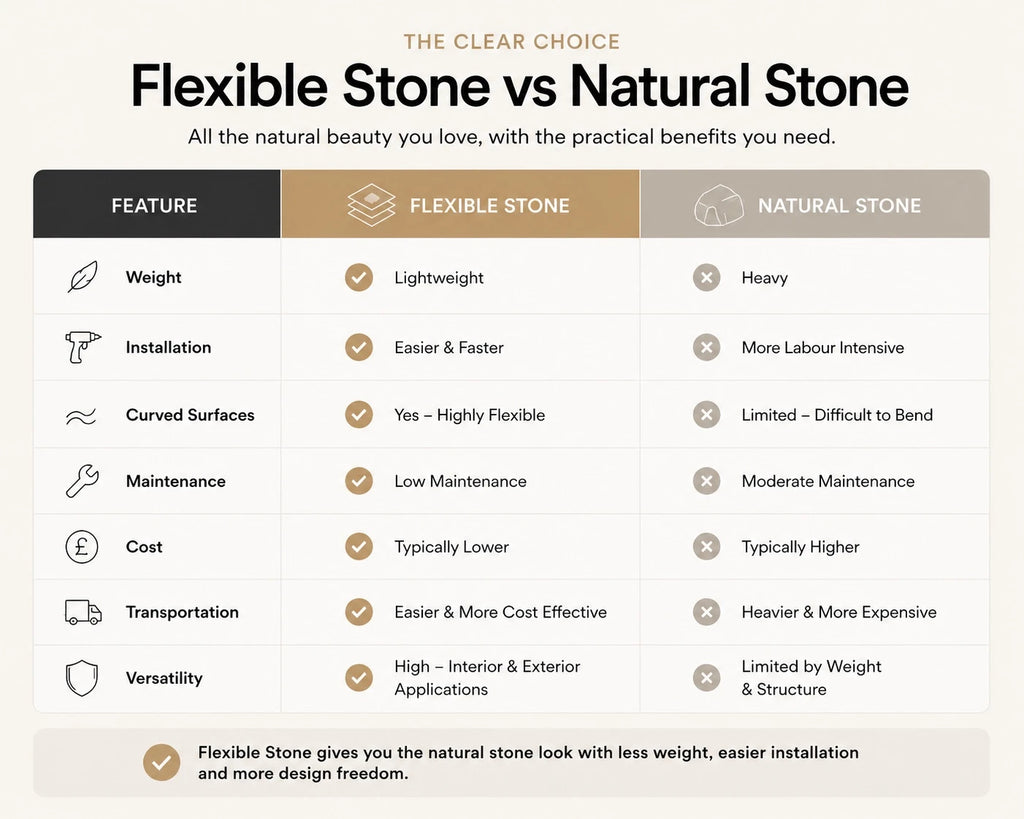 Comparison chart between flexible stone and natural stone with features listed.