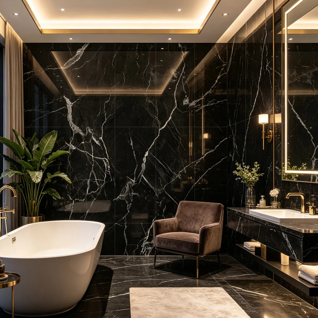 black streak gloss SPC wall panels in a modern interior