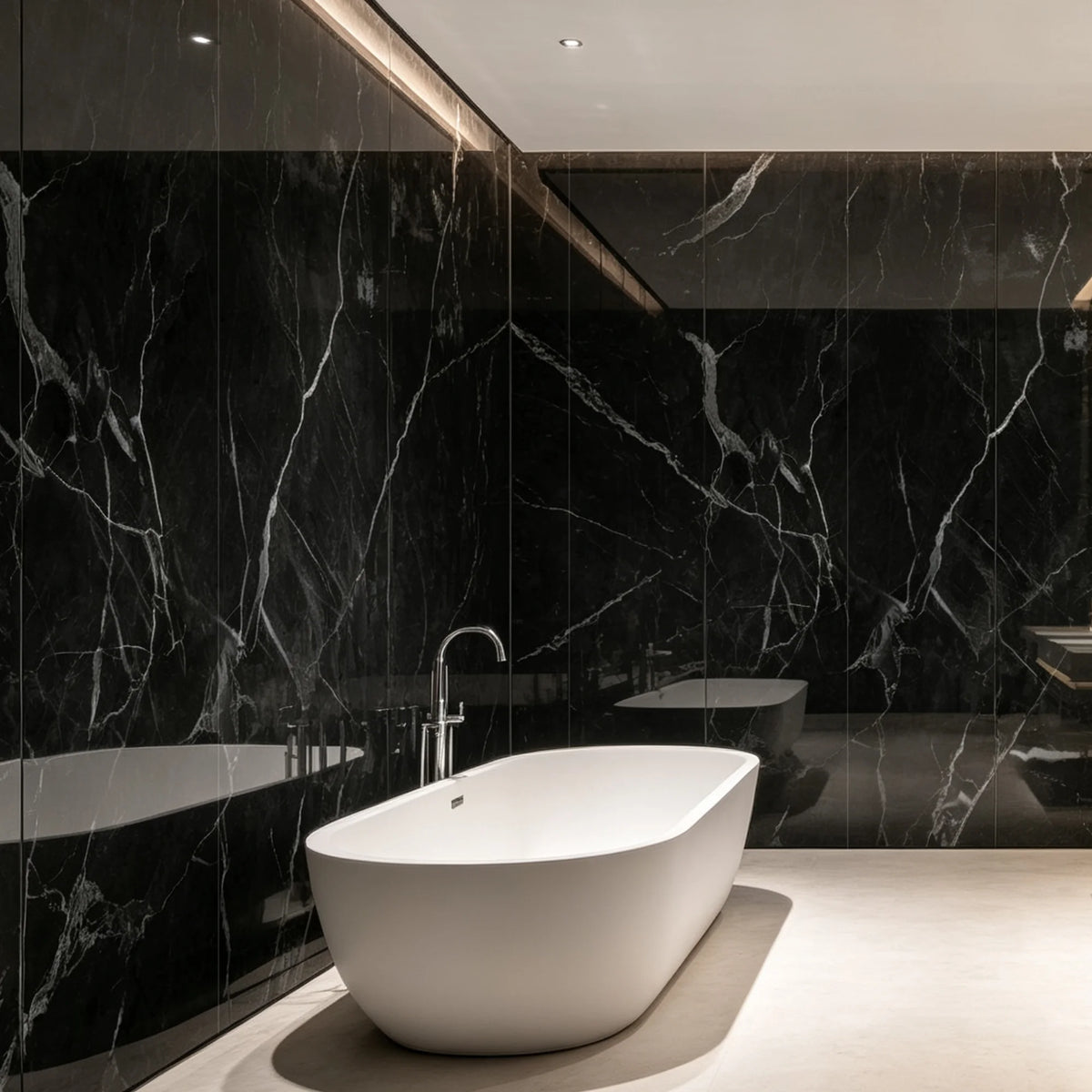 black streak gloss SPC wall panels in a modern bathroom