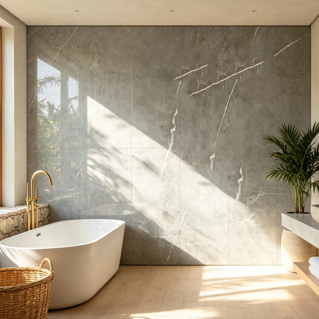 Carrara Mercury gloss SPC wall panels in a modern interior bathroom with a free  standing bath