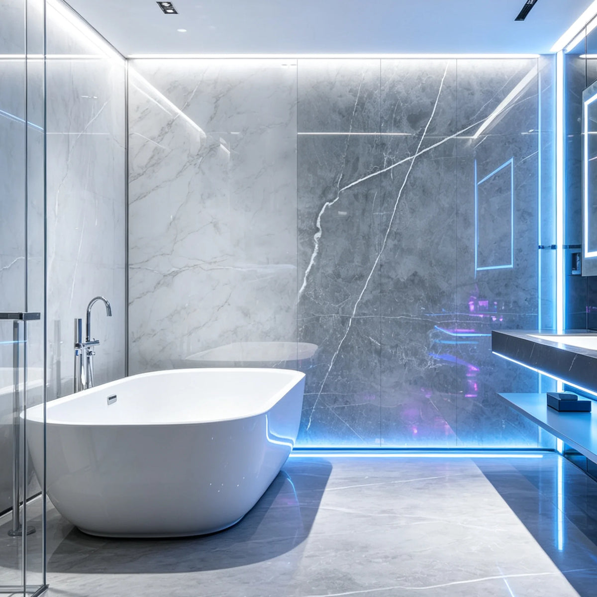 Carrara Mercury gloss SPC wall panels in a modern interior bathroom