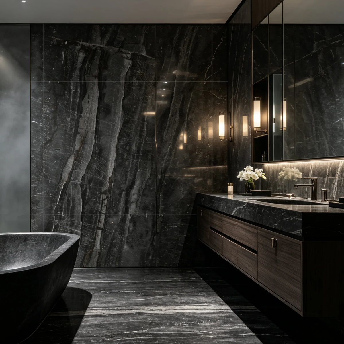 Geminis Granite Gloss SPC Wall Panels in a modern bathroom