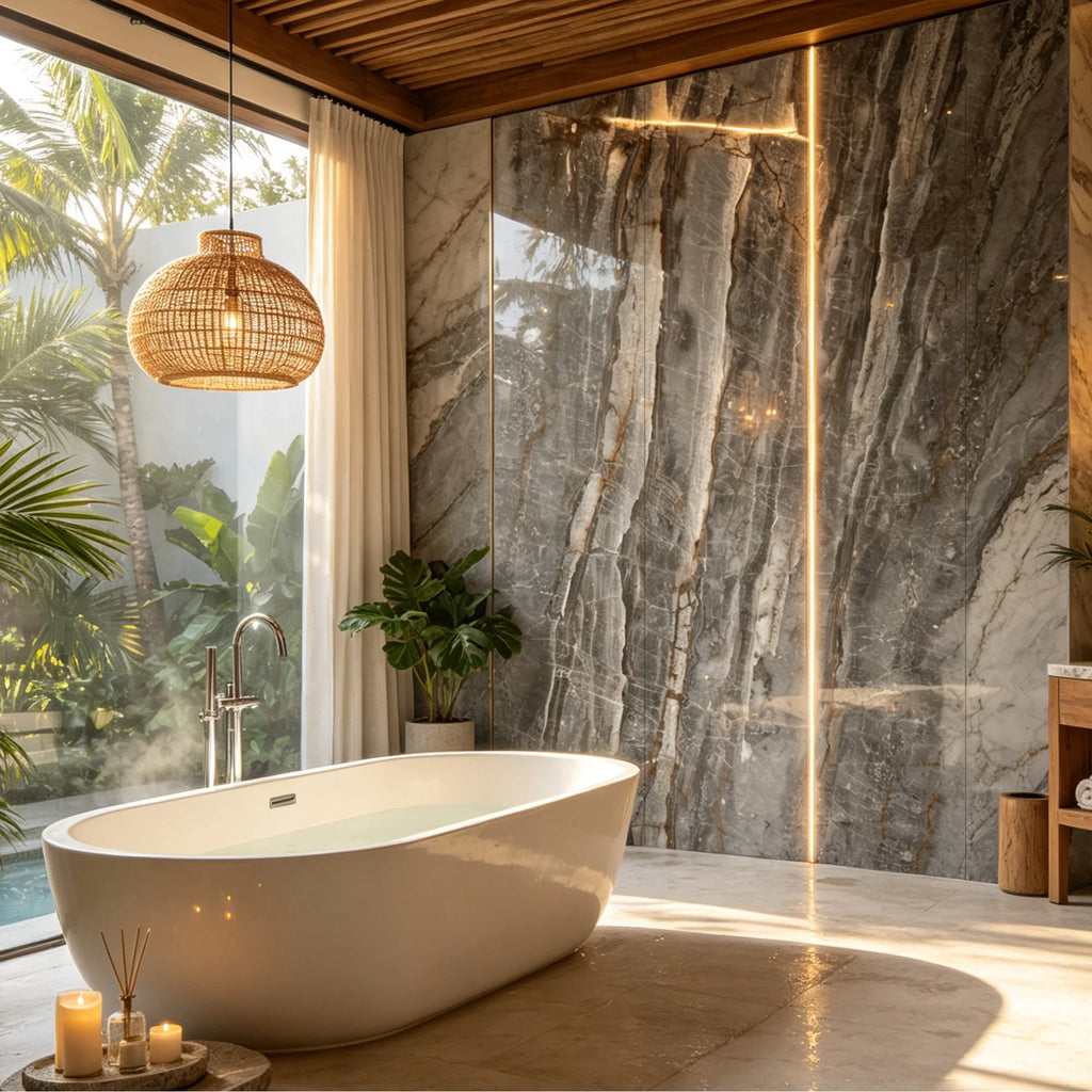 Geminis Granite Gloss SPC Wall Panels in a modern bathroom with a free standing bath