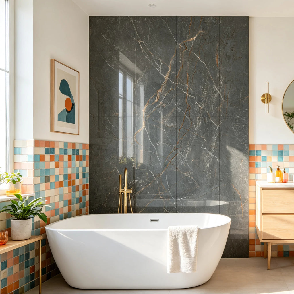 Inios Field gloss Marble SPC Wall Panels in a modern bathroom setting