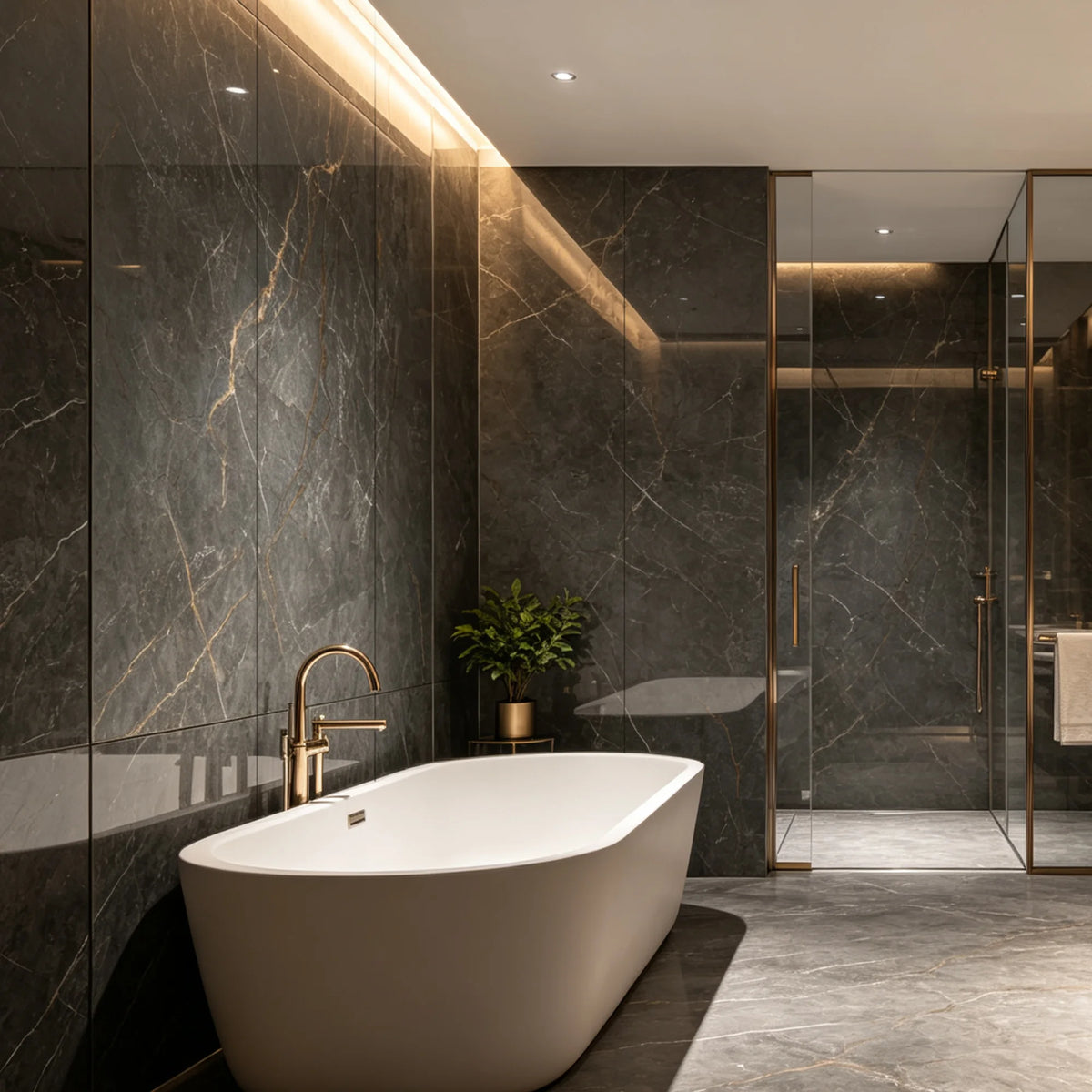 Inios Field gloss Marble SPC Wall Panels in a modern bathroom