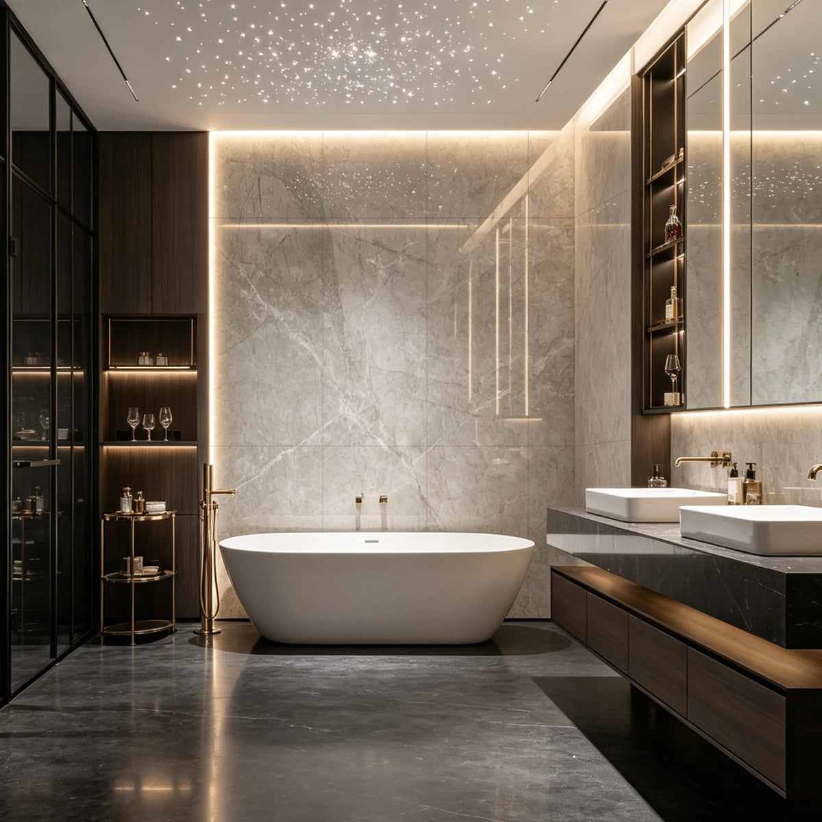 marble begie gloss SPC wall panels in a modern interior bathroom