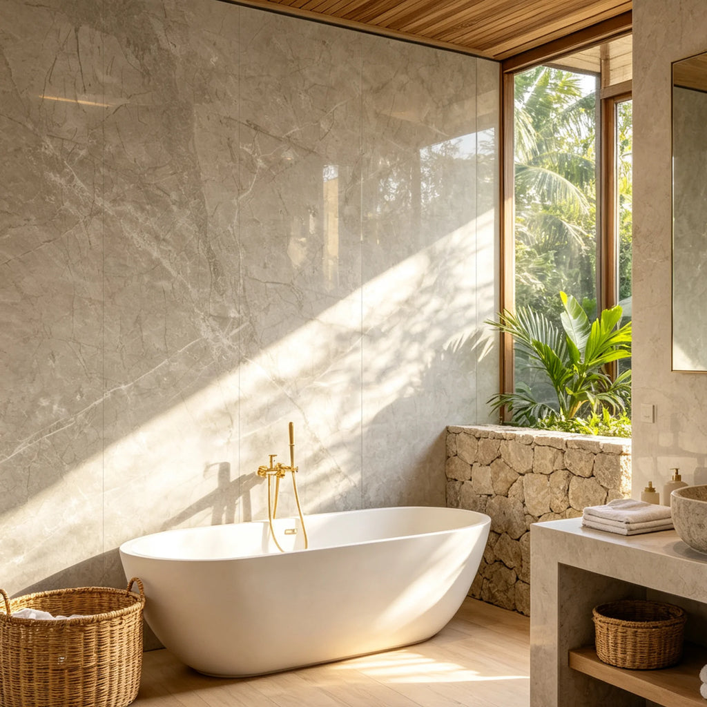 marble begie gloss SPC wall panels in a bathroom