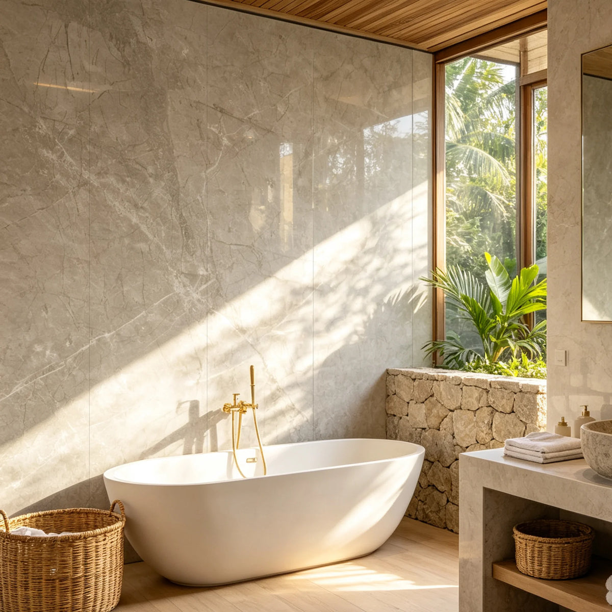 marble begie gloss SPC wall panels in a bathroom