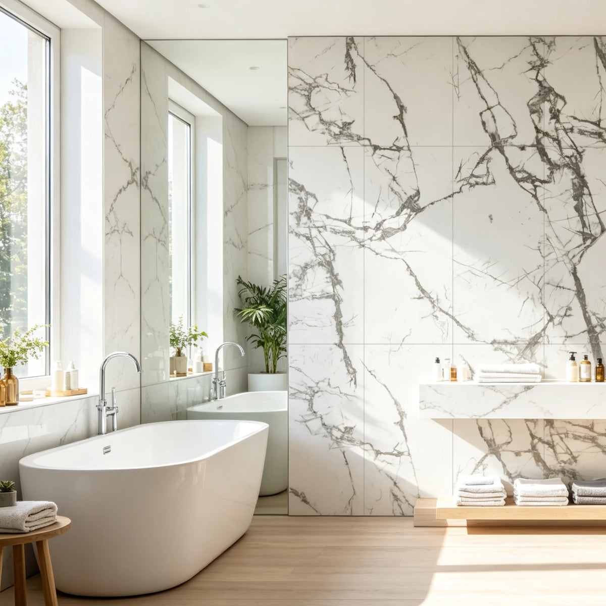 Marble White gloss SPC wall panels installed in a modern bathroom