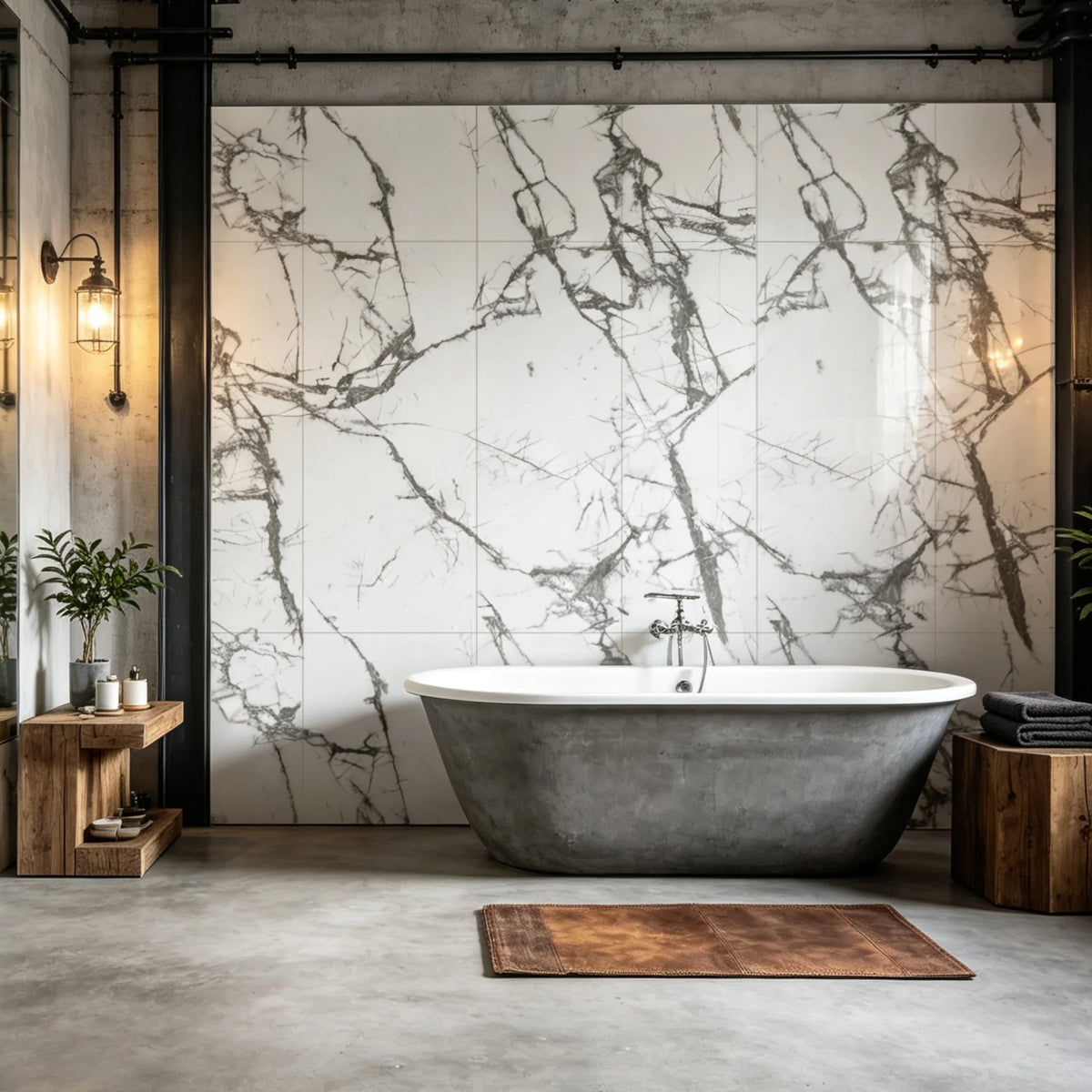 Marble White gloss SPC wall panels installed in a modern bathroom setting