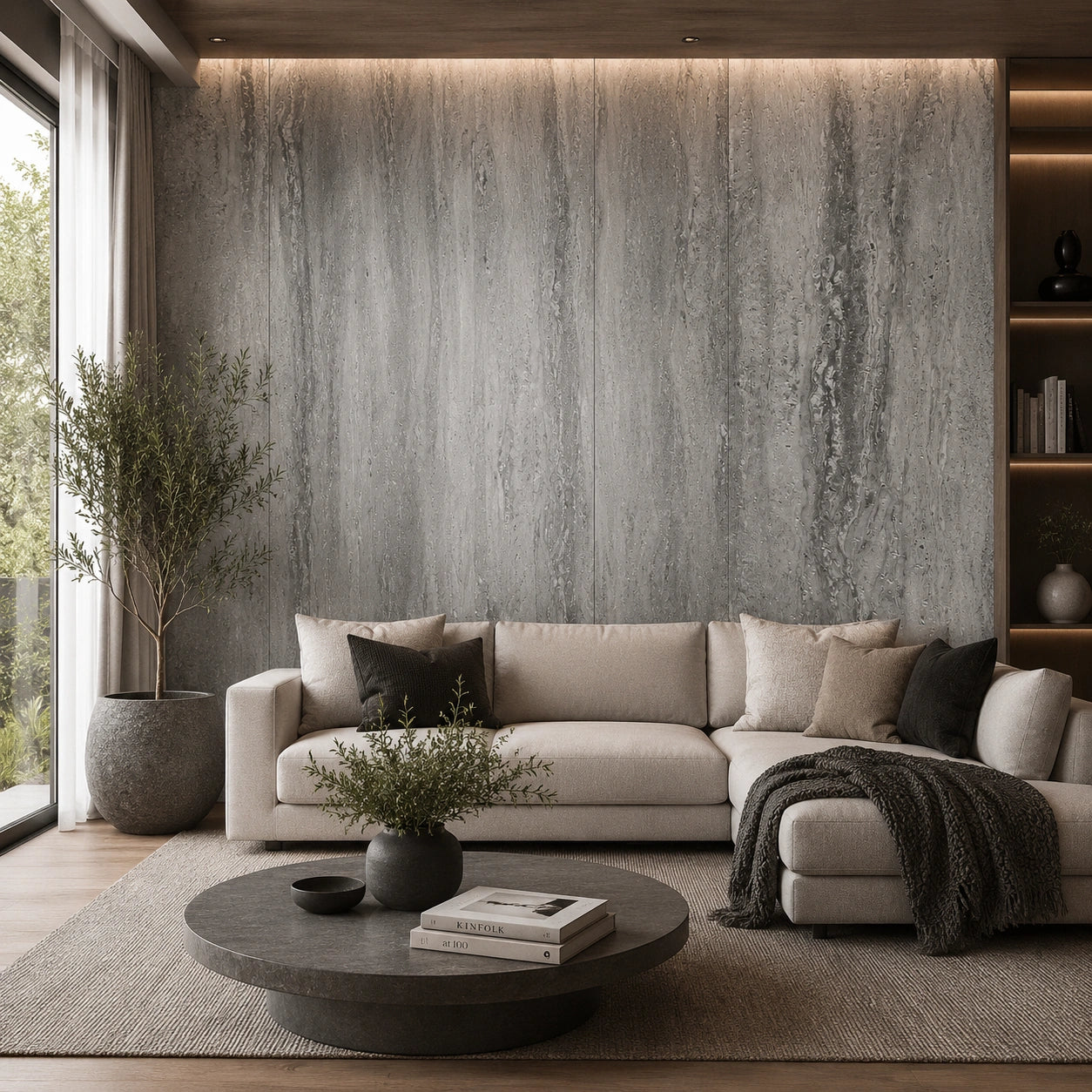 Modern living room with a gray sofa, round coffee table, and decorative elements.