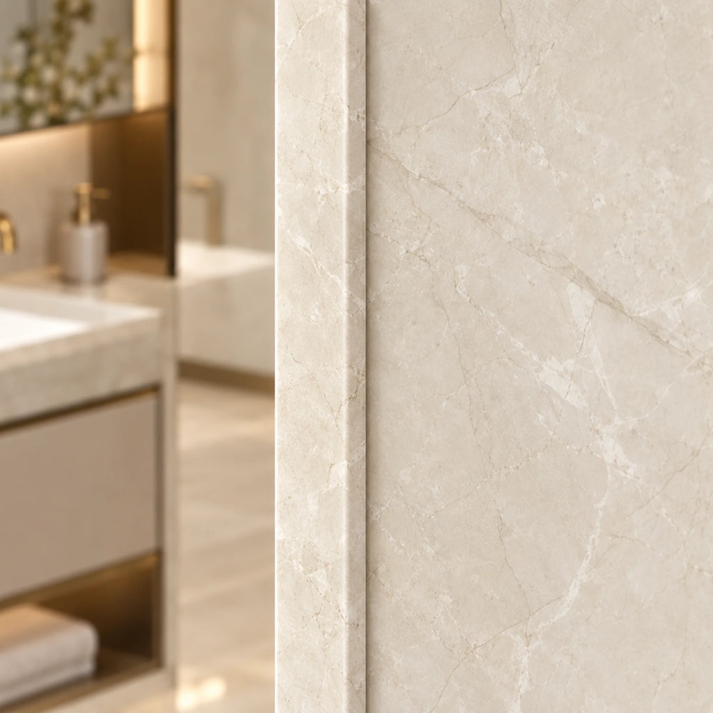close up a marble beige spc end trim
