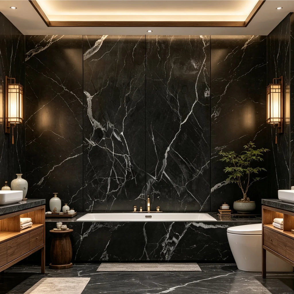 black streak matt SPC wall panels in a modern interior bathroom