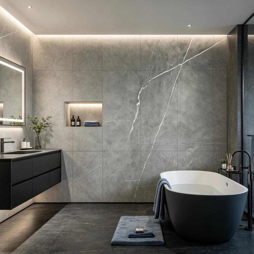 Carrara Mercury SPC wall panels in a modern interior bathroom
