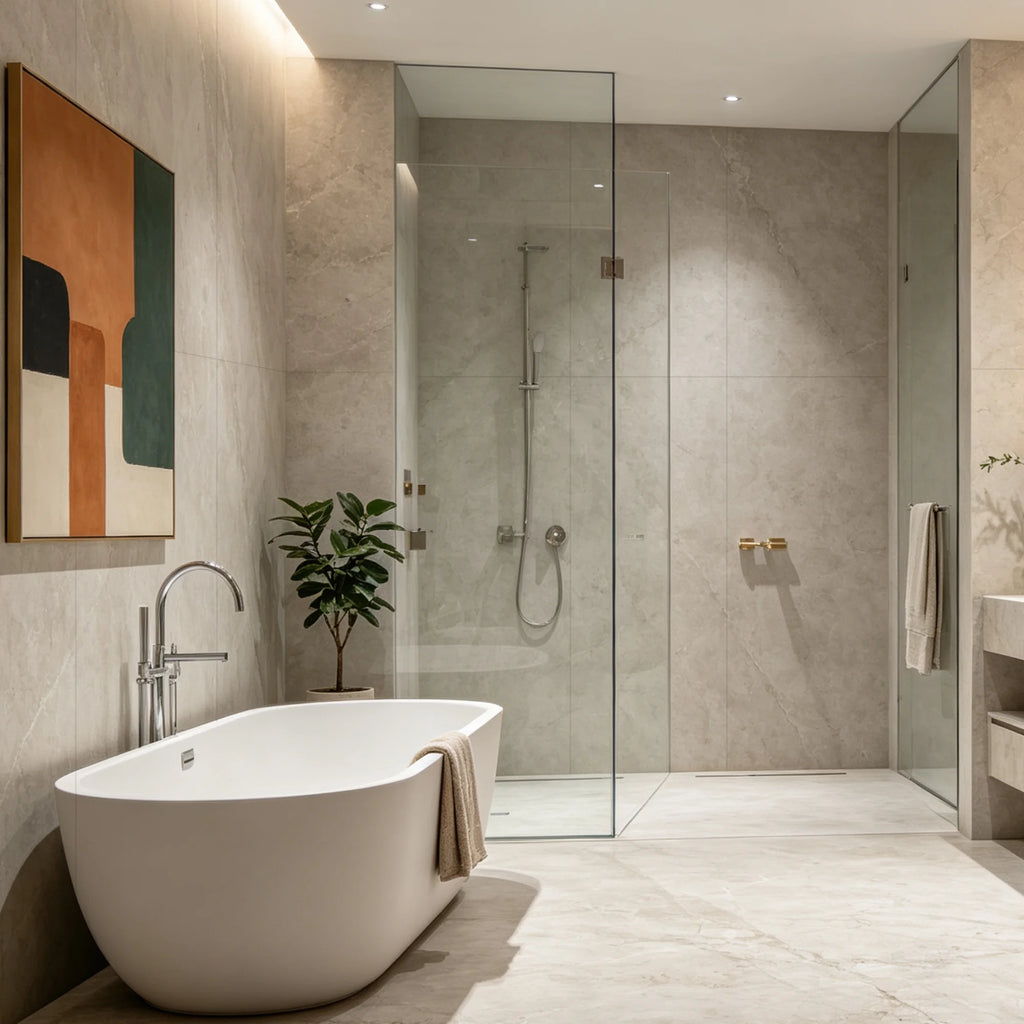 marble begie matt SPC wall panels in a modern bathroom