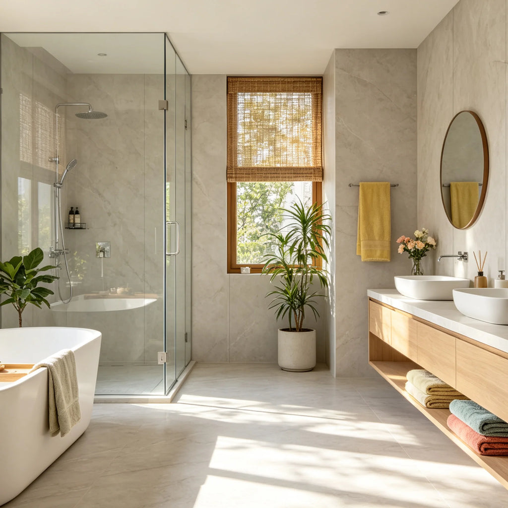 marble begie matt SPC wall panels in a modern interior bathroom