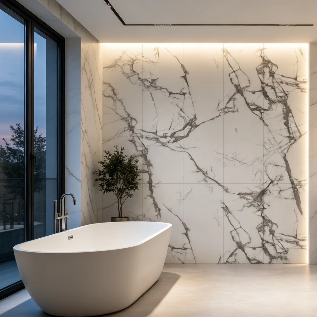 Marble White matt SPC wall panels installed in a modern bathroom