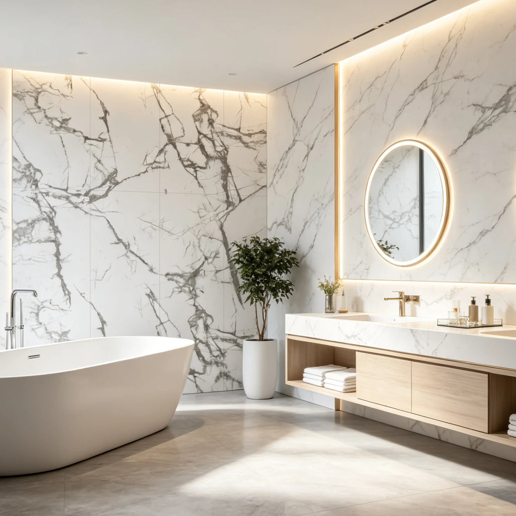 Marble White matt SPC wall panels installed in a modern bathroom setting