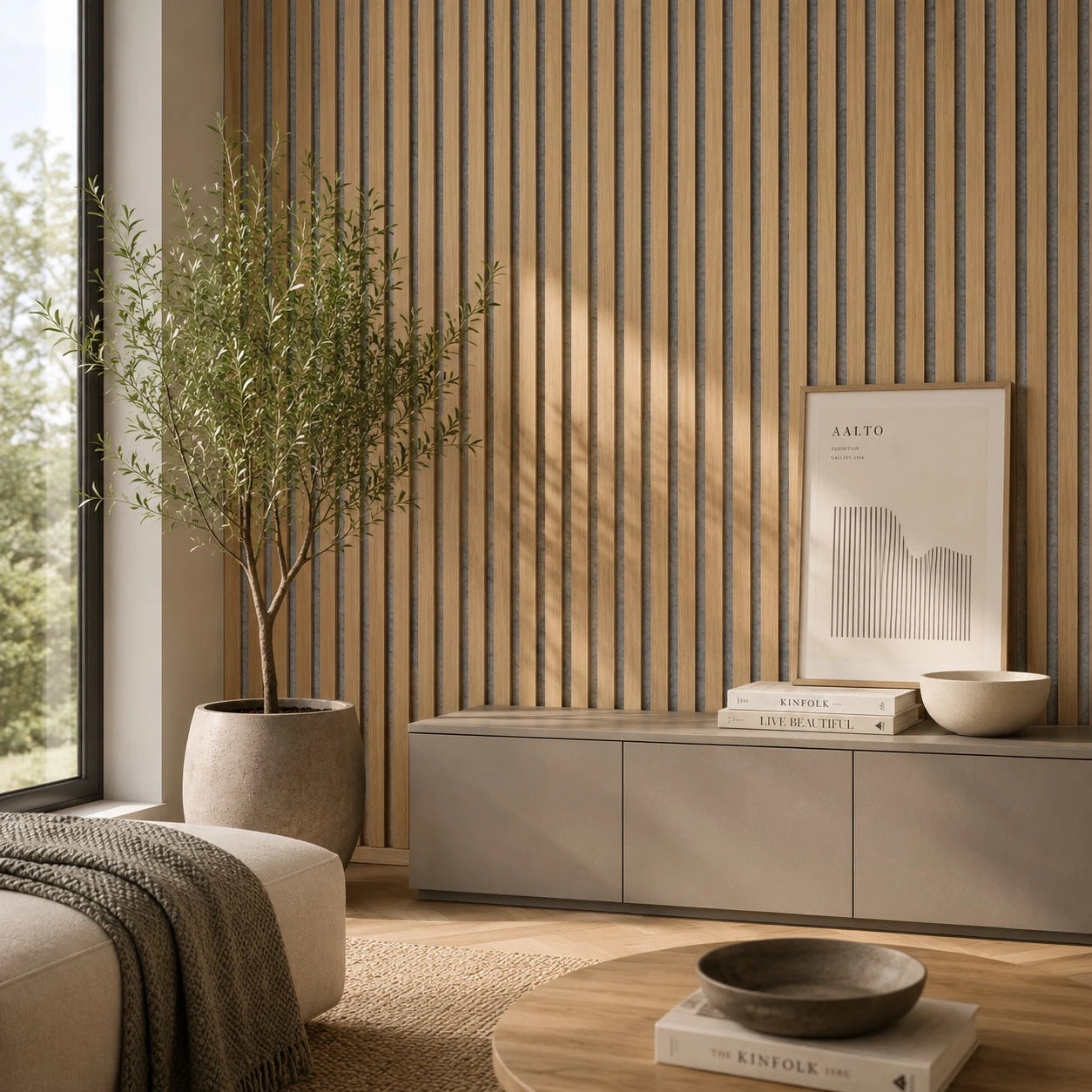 Oak Acoustic Wall Panel With Grey Felt 2400x600mm