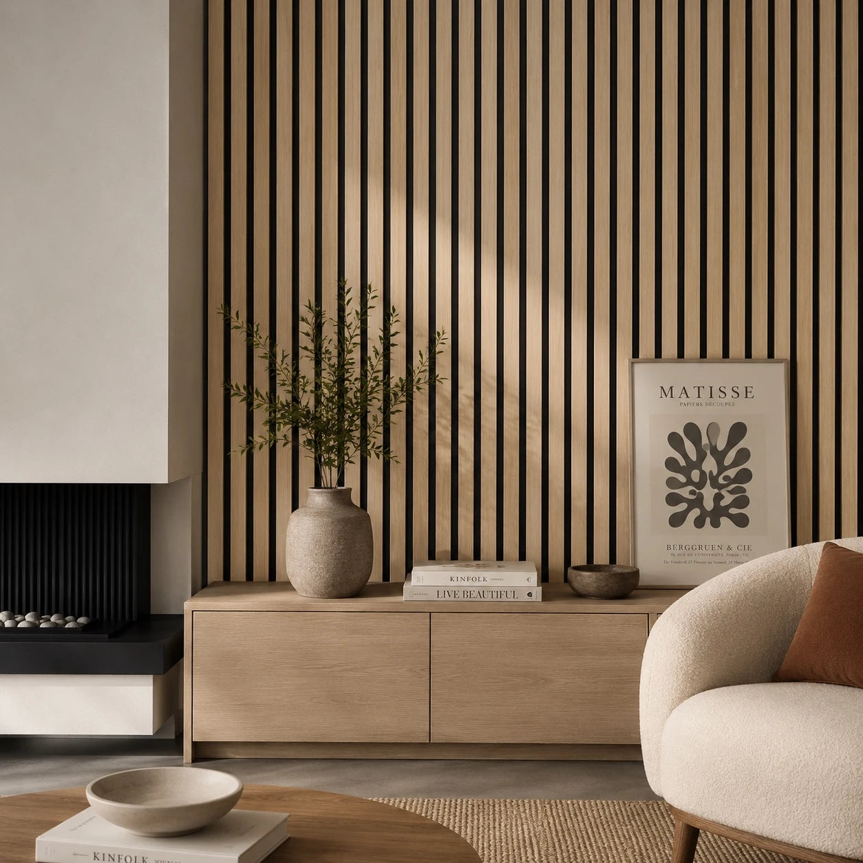 Modern living room with nw composite oak acoustic wall panel on the wall, wooden cabinet, and decorative items.