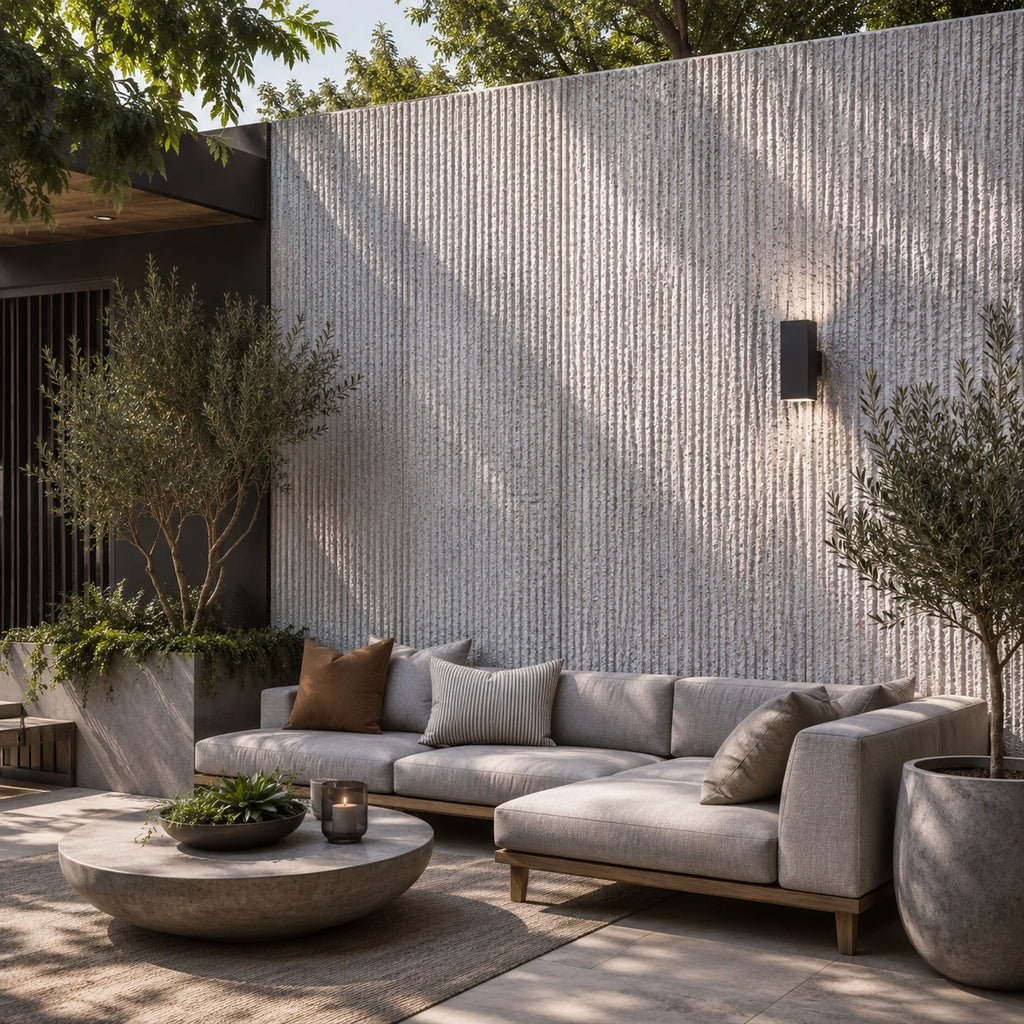 Outdoor patio with a gray sectional sofa, potted plants, and a off white line stone Flexistone Veneer backdrop.