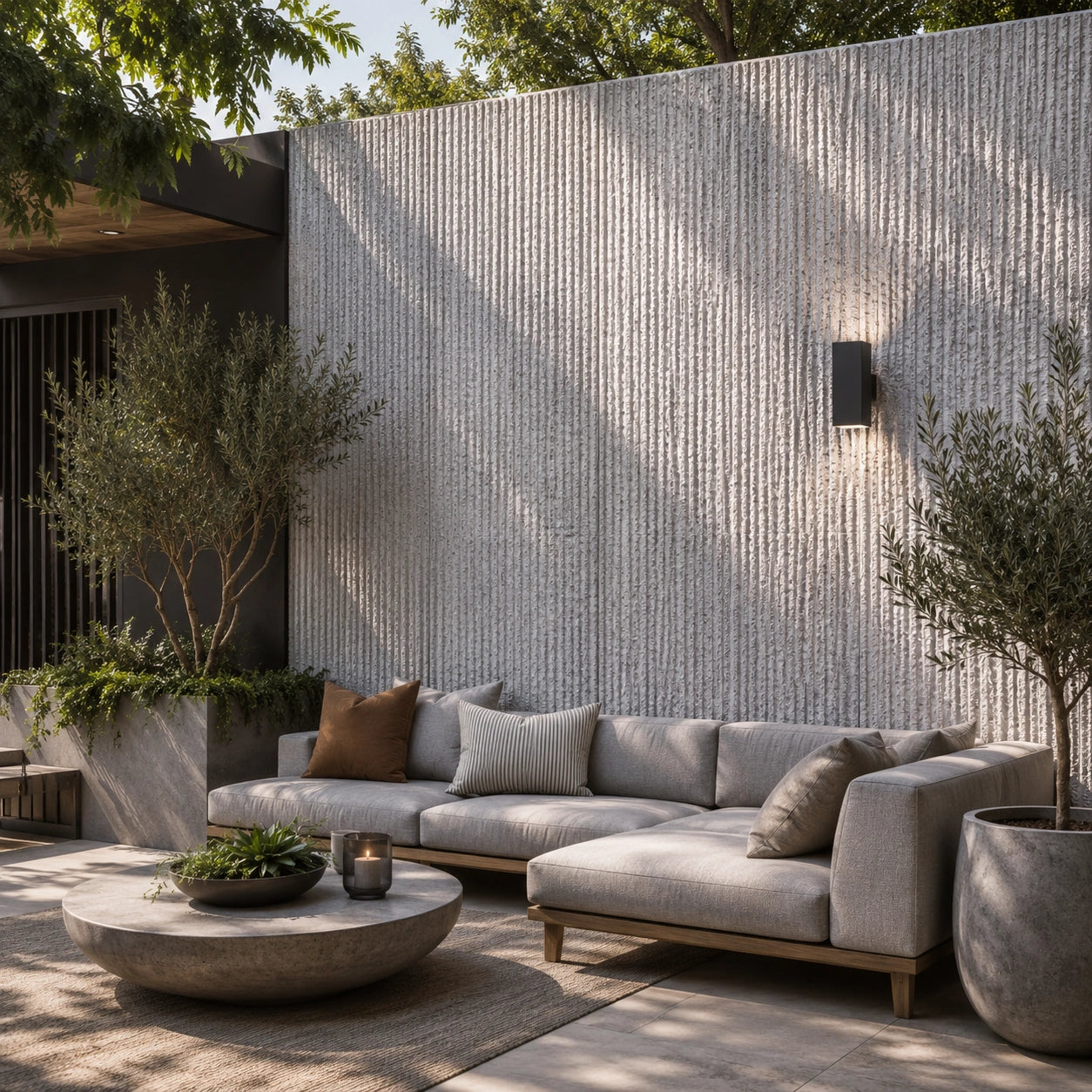 Outdoor patio with a gray sectional sofa, potted plants, and a off white line stone Flexistone Veneer backdrop.