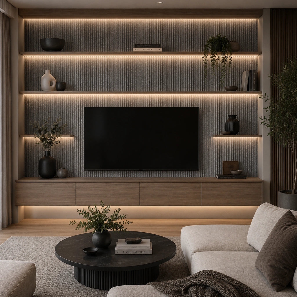 Modern living room with a television mounted on a wall with built-in lighting. off white line stone Flexistone Veneer backdrop.